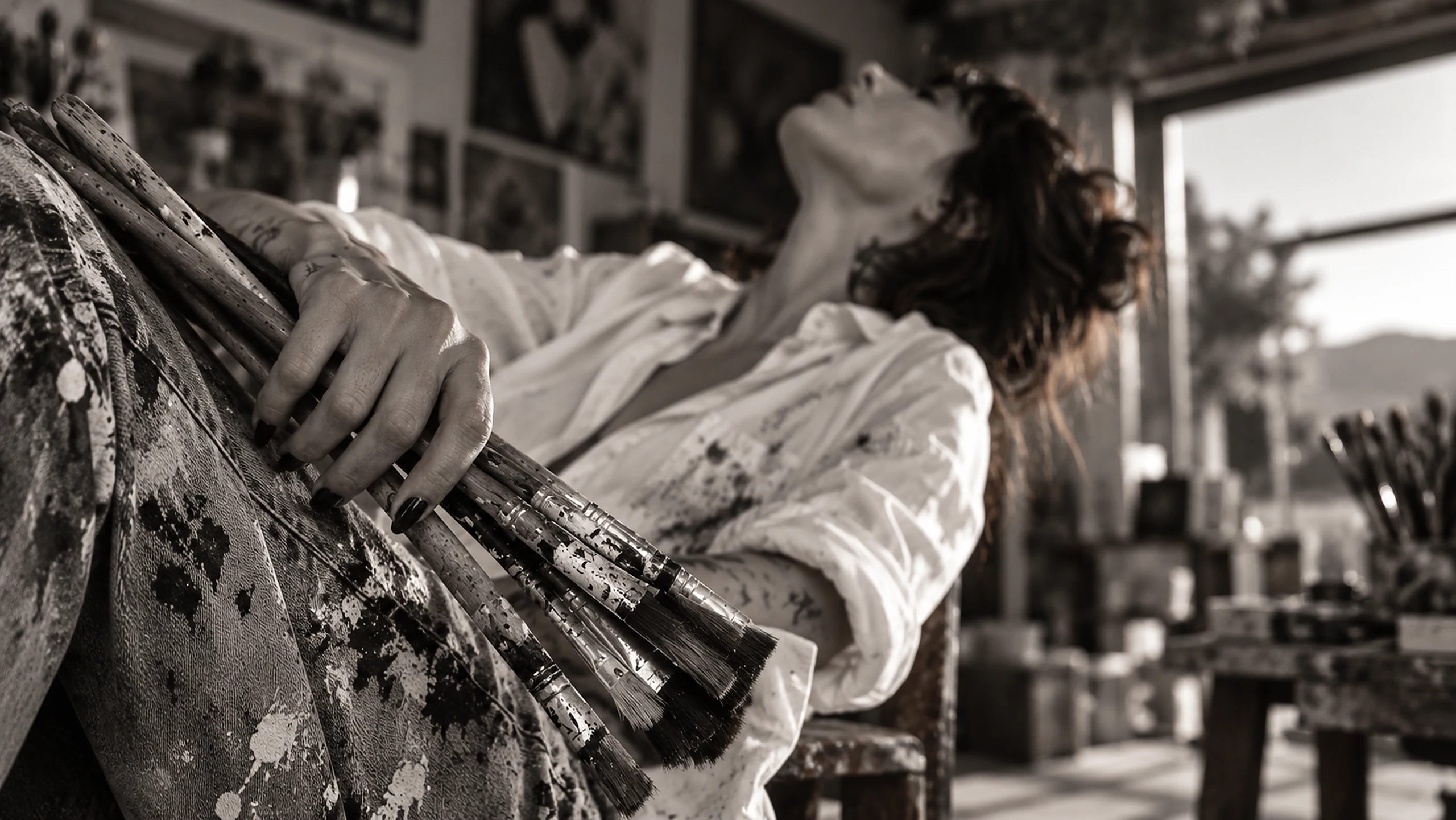 Evrim İlhan in her art studio holding paintbrushes