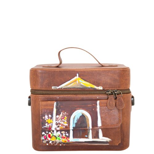 Hand-Painted Leather Camera Bag, Bodrum windmill art, Structured Travel Case