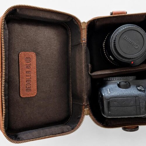 Handmade Leather Camera Bag, Structured Body, Folk Pattern Strap