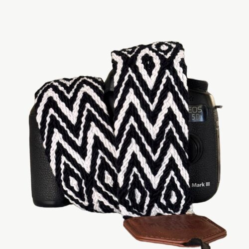 Handwoven Cotton Camera Strap, Boho Chevron Pattern, Leather Ends (Adjustable Neck Strap)