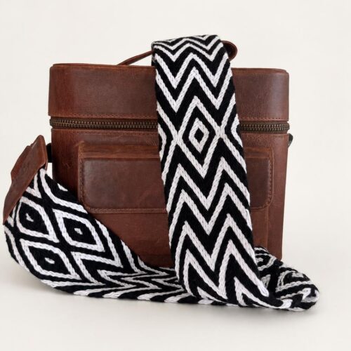 Structured Leather Camera Bag with Black and White Woven Strap