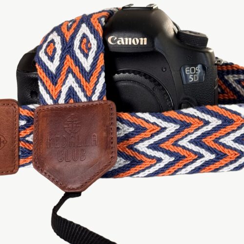 Orange Blue  Boho Camera Strap with Leather Ends – Handwoven Photographer Gift,camera neck  strap